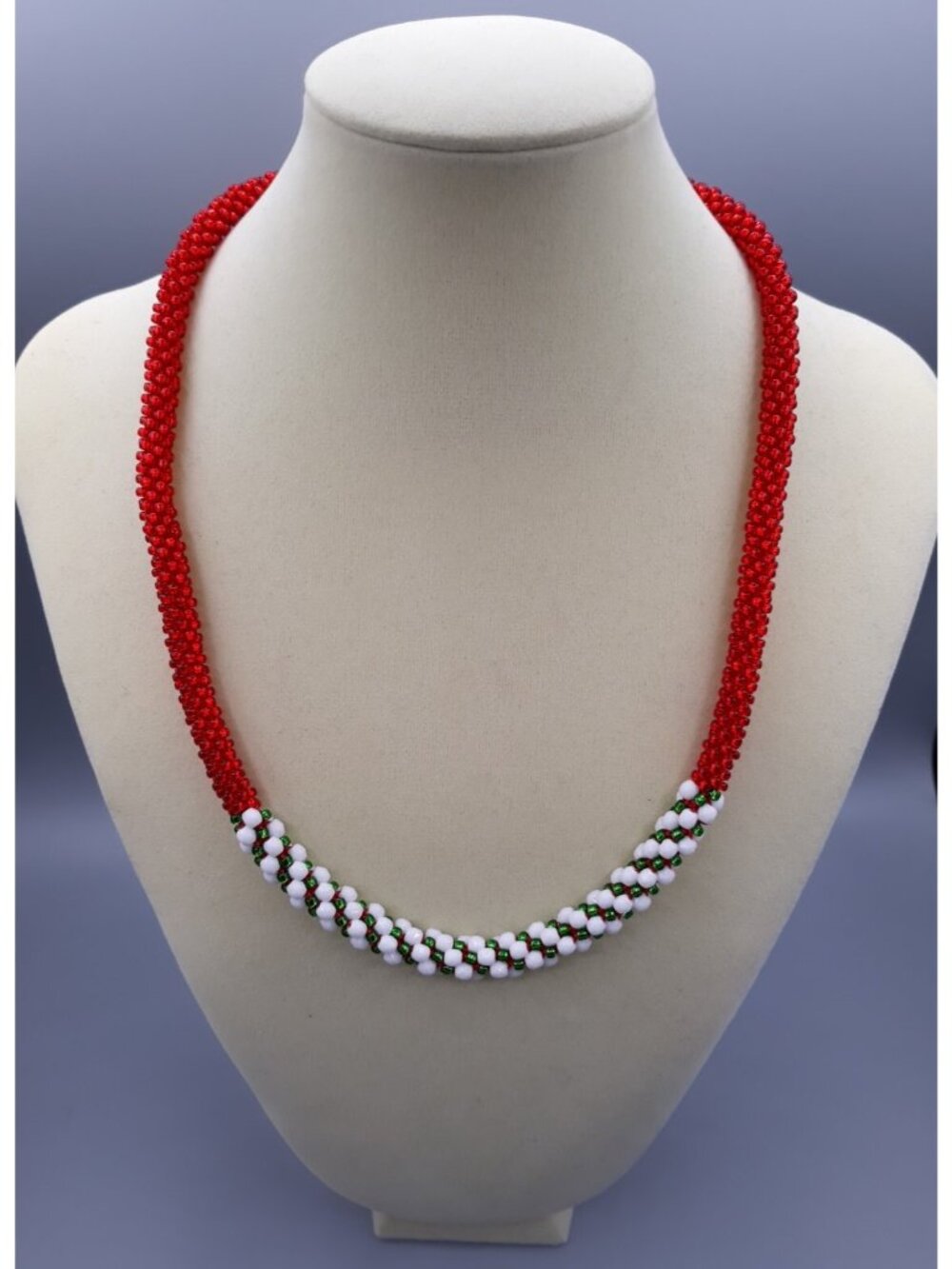 22" Red Green Medium Seed BeadKumihimo (Japanese Braid) and White Glass Necklace